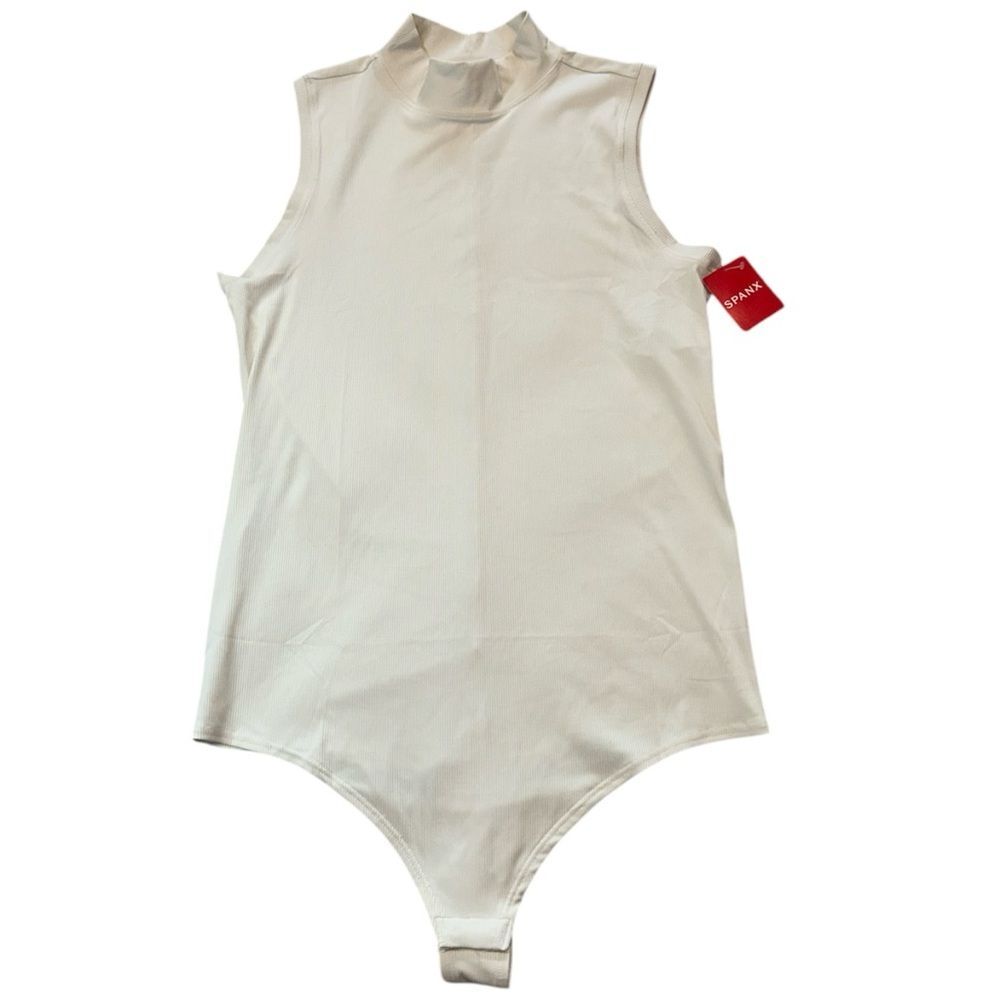 Spanx Mock Neck Sleeveless Bodysuit Size XL NWT $98 Ribbed Beige Tan